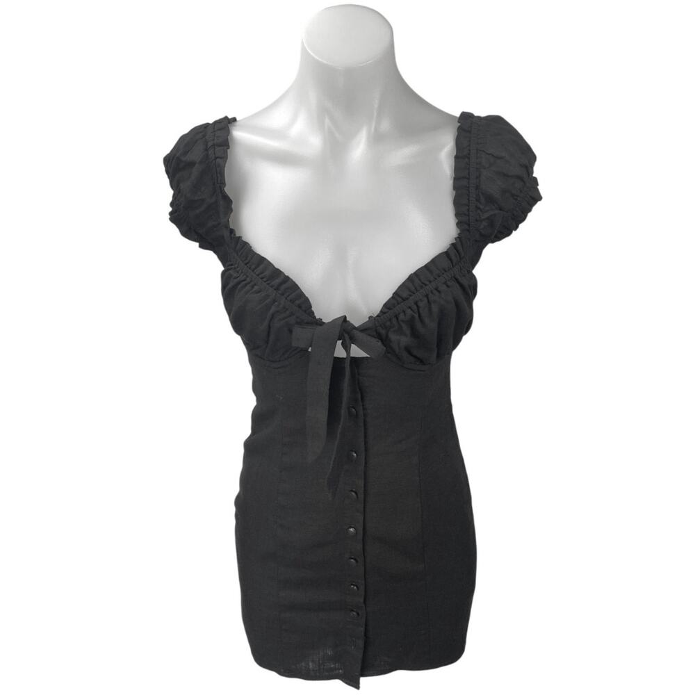 Princess Polly Black Linen Short Puff Sleeve Tie Button Up Mini Bodycon Dress 2